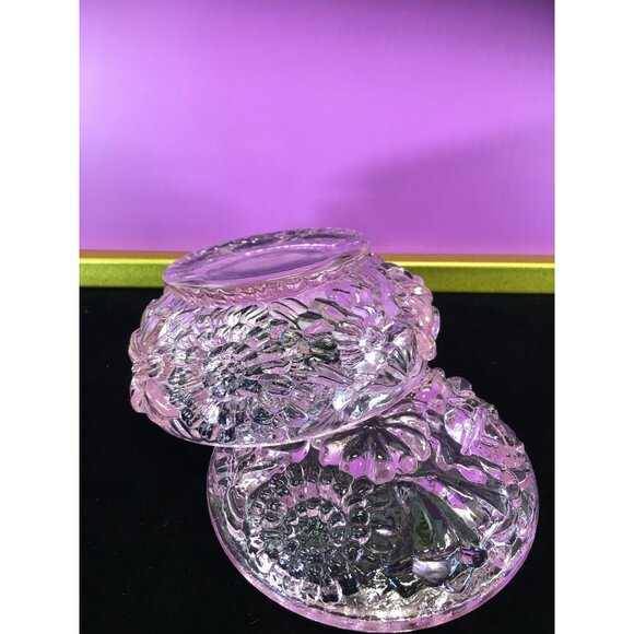 Vintage Fenton Art Glass Powder Jar Trinket Box with Lid Transparent Pink Floral - Picture 10 of 16